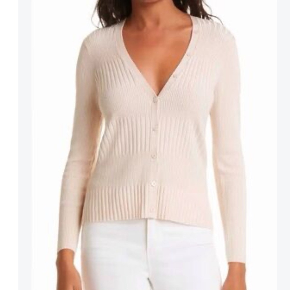 LAGENCE Womens Ribbed Knit V-Neck Cardigan Sz M Cream Blush Designer Preppy Chic
